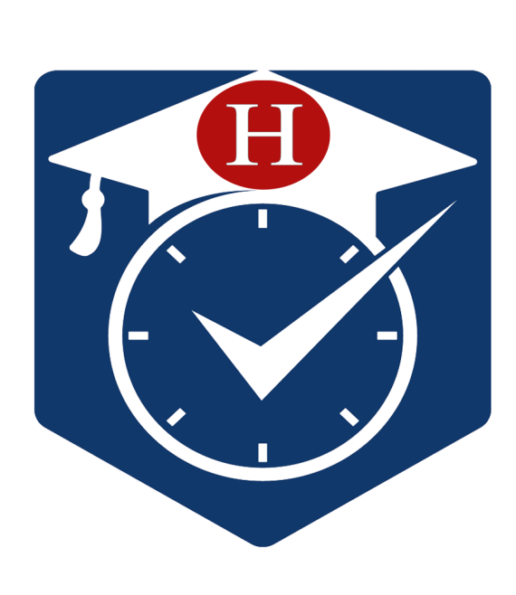 White clock with graduation cap on top, white checkmark over the face of the clock on blue background. Red circle with white letter H on graduation cap.