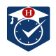 White clock with graduation cap on top, white checkmark over the face of the clock on blue background. Red circle with white letter H on graduation cap.
